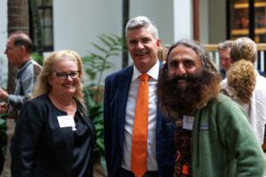 Parliamentary Friends of Landcare - Trees in the House event: Melissa Higgins, Landcare Australia; Steve Whan MP; Costa Gerogiardis, Gardening Australia